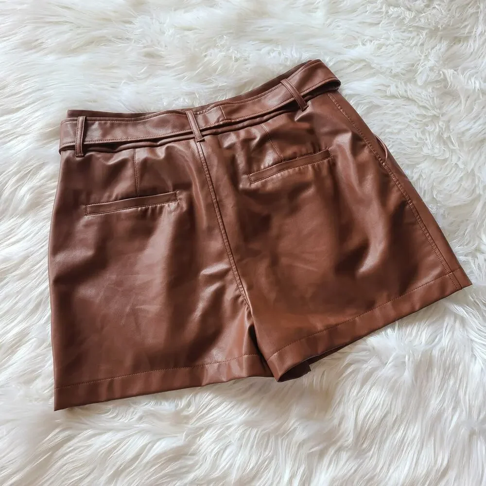 David Lerner Short Faux Leather NWT Lexi Bow Belted Cognac Brown 8 High Waist - Picture 4 of 4